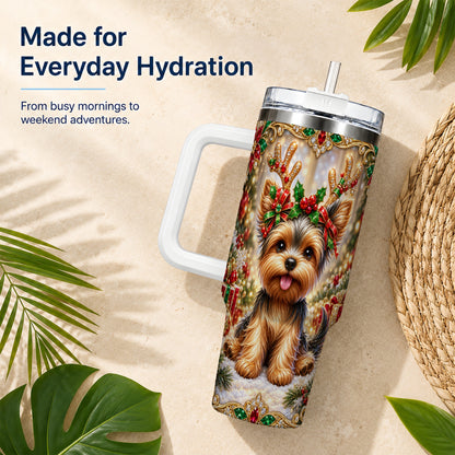 #pl[40oz|White] Christmas Yorkie 40oz Tumbler with Handle, Reindeer Dog Travel Cup