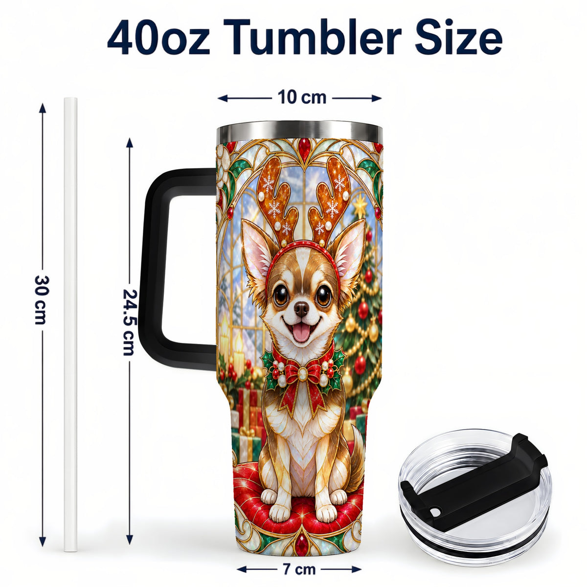 #pl[40oz|Black] Christmas Chihuahua 40oz Tumbler with Handle, Reindeer Dog Travel Cup