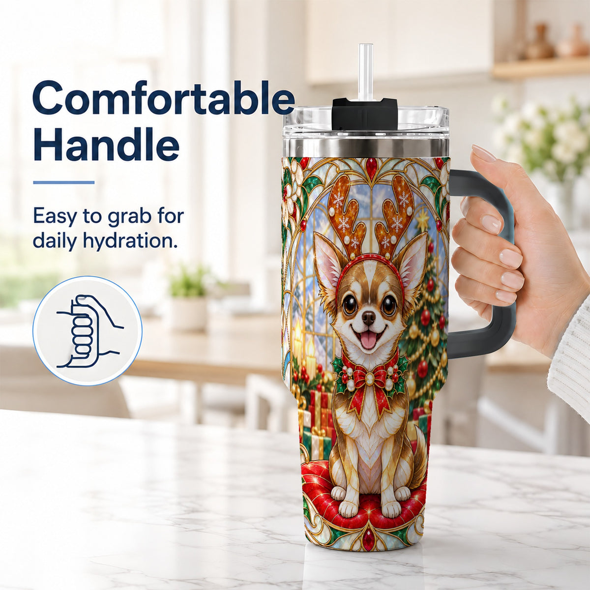 #pl[40oz|Black] Christmas Chihuahua 40oz Tumbler with Handle, Reindeer Dog Travel Cup