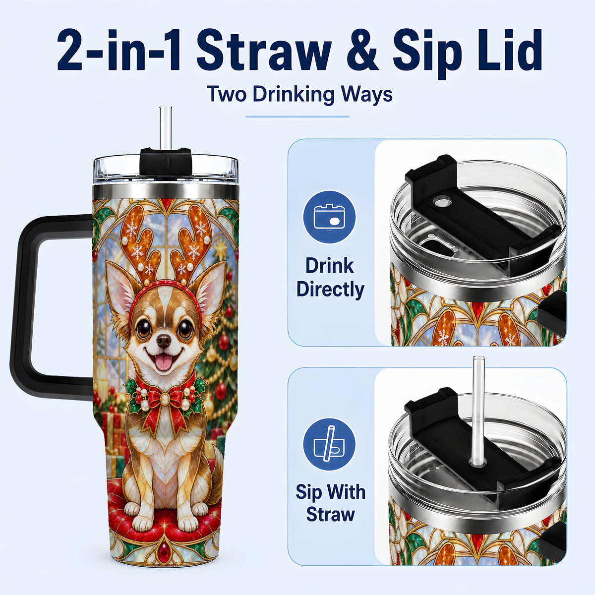 #pl[40oz|Black] Christmas Chihuahua 40oz Tumbler with Handle, Reindeer Dog Travel Cup