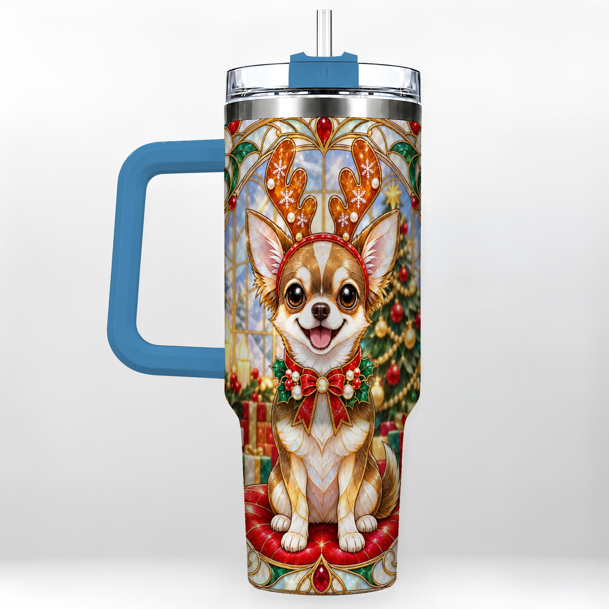 #pl[40oz|Blue] Christmas Chihuahua 40oz Tumbler with Handle, Reindeer Dog Travel Cup