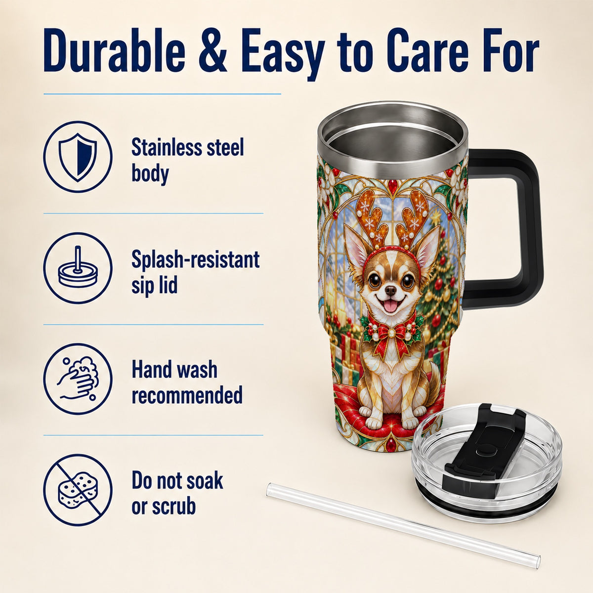 #pl[40oz|Black] Christmas Chihuahua 40oz Tumbler with Handle, Reindeer Dog Travel Cup