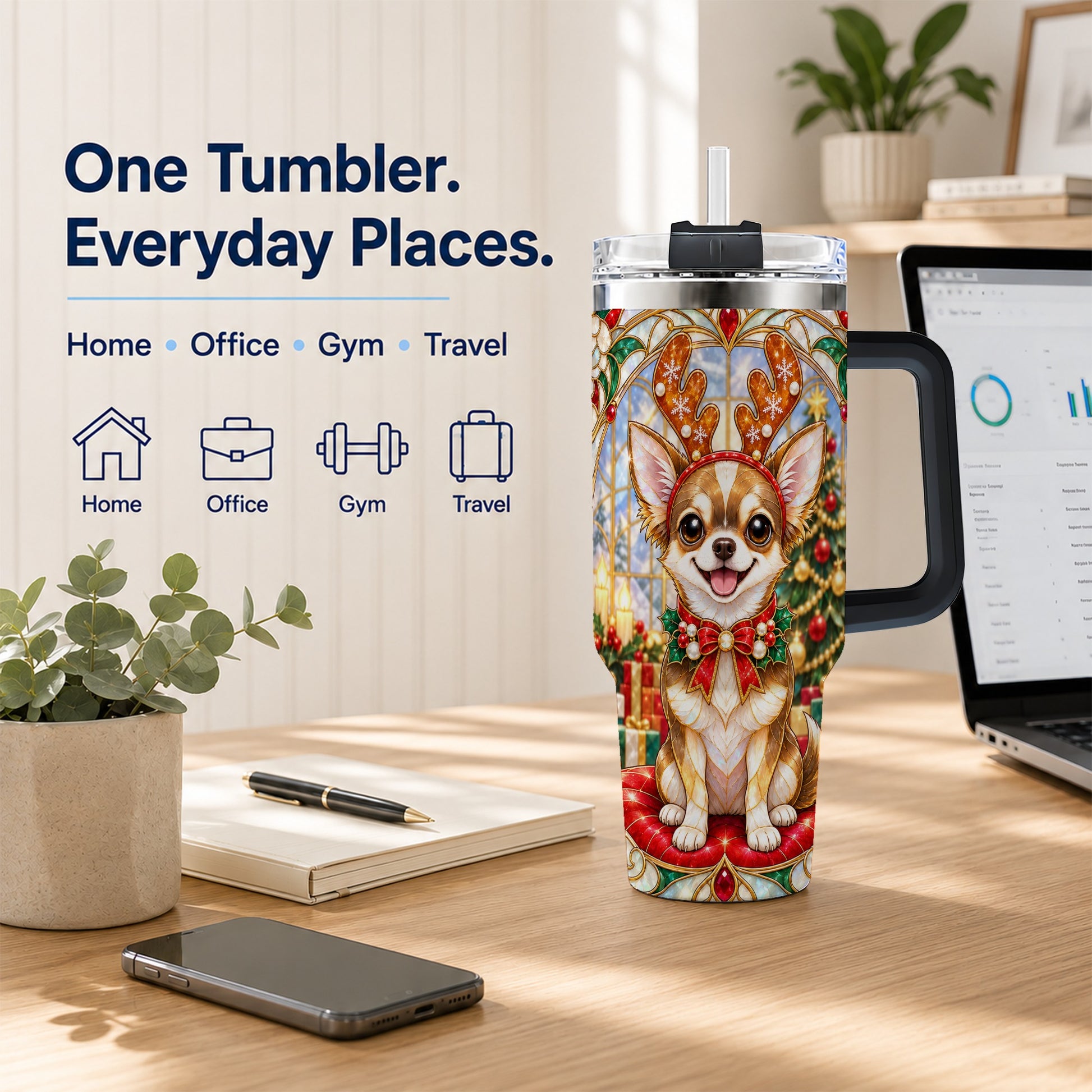 #pl[40oz|Black] Christmas Chihuahua 40oz Tumbler with Handle, Reindeer Dog Travel Cup