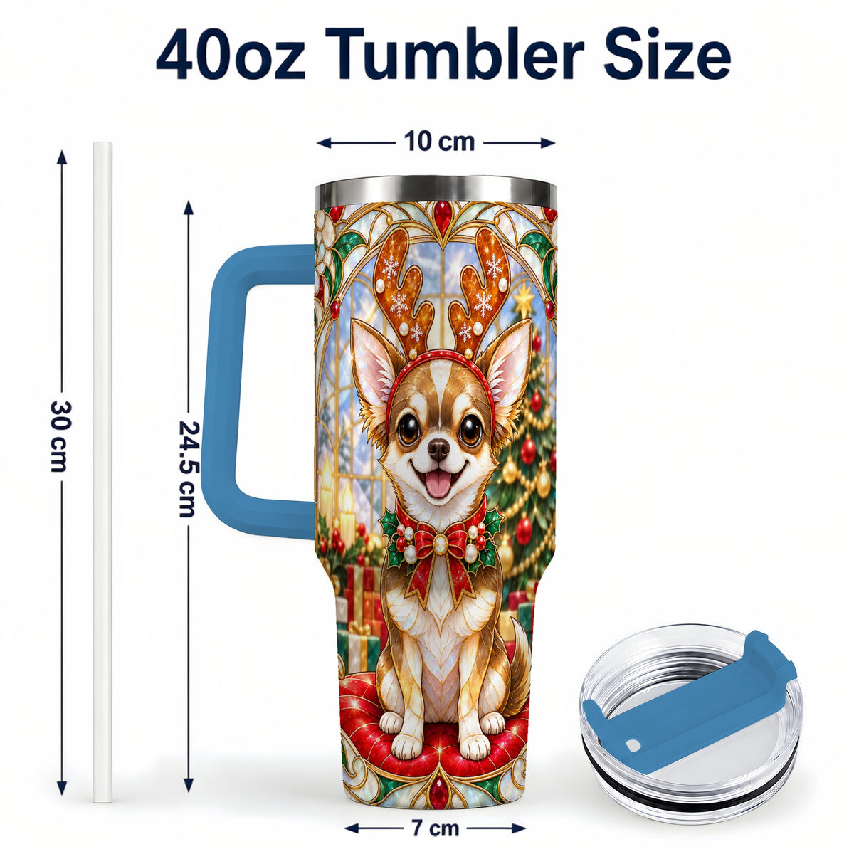 #pl[40oz|Blue] Christmas Chihuahua 40oz Tumbler with Handle, Reindeer Dog Travel Cup