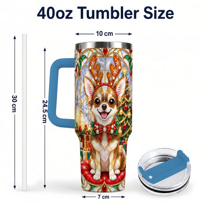#pl[40oz|Blue] Christmas Chihuahua 40oz Tumbler with Handle, Reindeer Dog Travel Cup