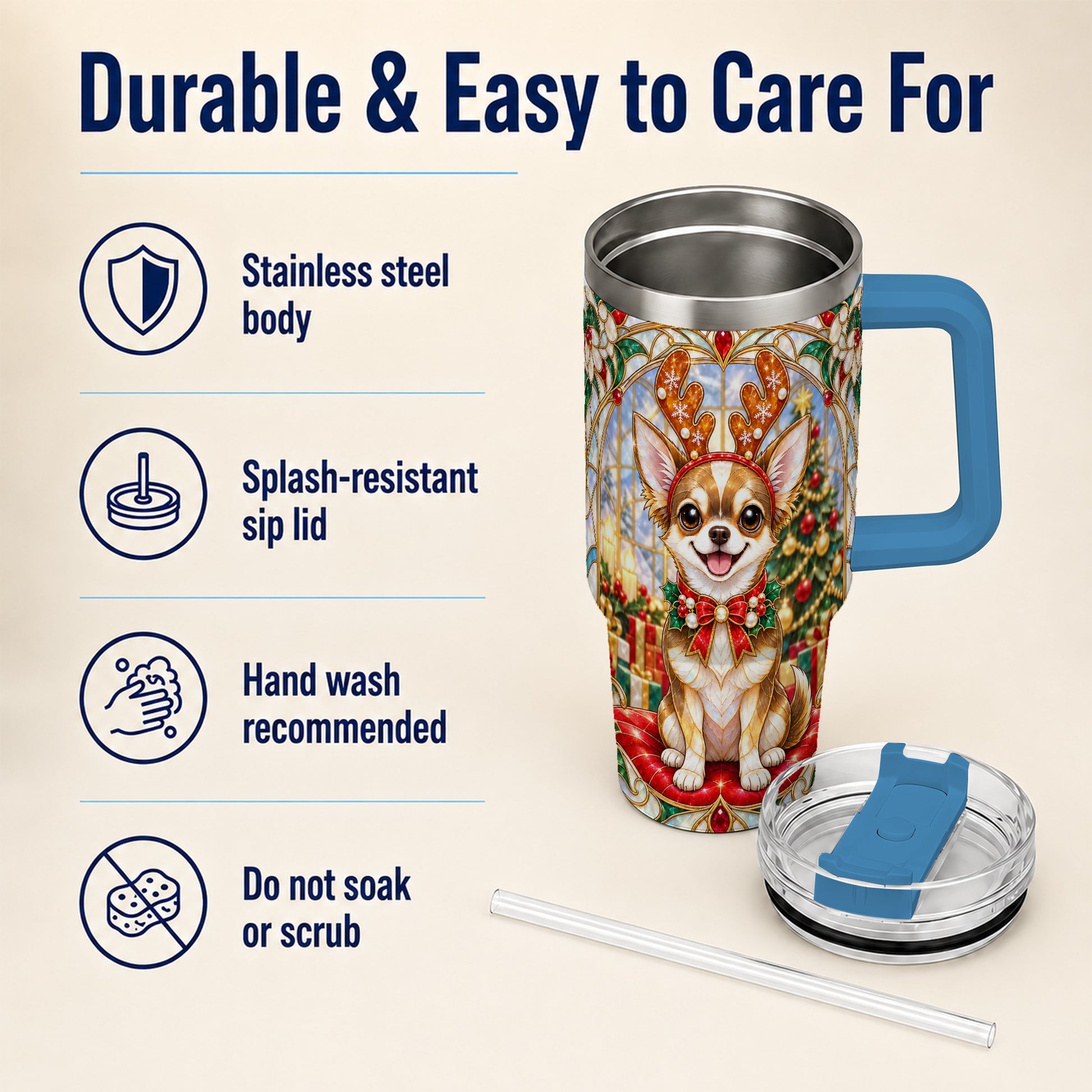 #pl[40oz|Blue] Christmas Chihuahua 40oz Tumbler with Handle, Reindeer Dog Travel Cup