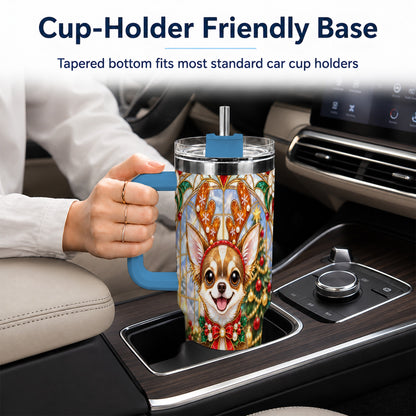 #pl[40oz|Blue] Christmas Chihuahua 40oz Tumbler with Handle, Reindeer Dog Travel Cup