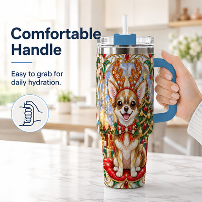 #pl[40oz|Blue] Christmas Chihuahua 40oz Tumbler with Handle, Reindeer Dog Travel Cup