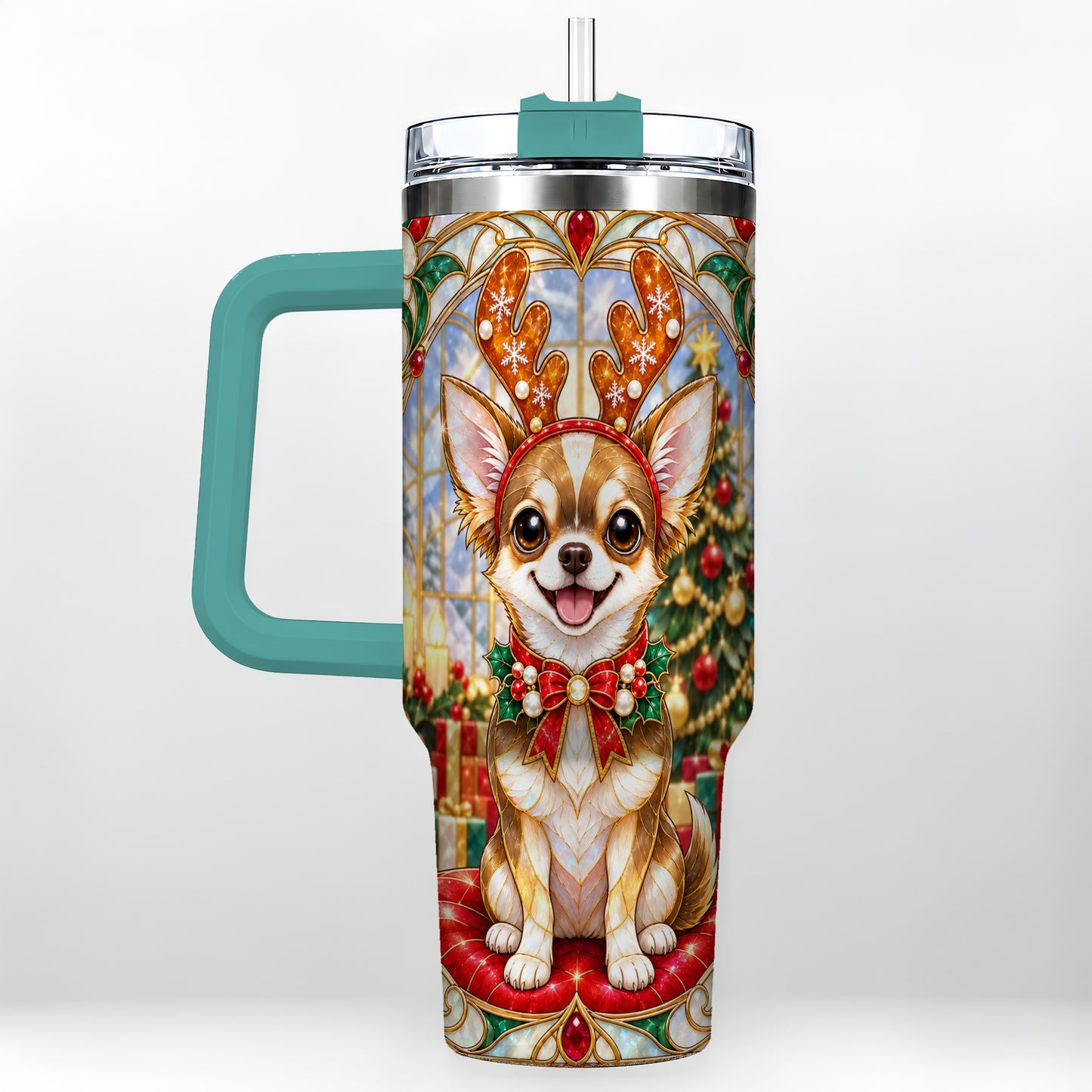 #pl[40oz|Green] Christmas Chihuahua 40oz Tumbler with Handle, Reindeer Dog Travel Cup