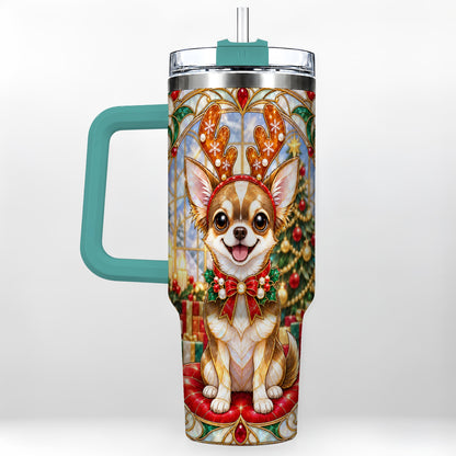 #pl[40oz|Green] Christmas Chihuahua 40oz Tumbler with Handle, Reindeer Dog Travel Cup