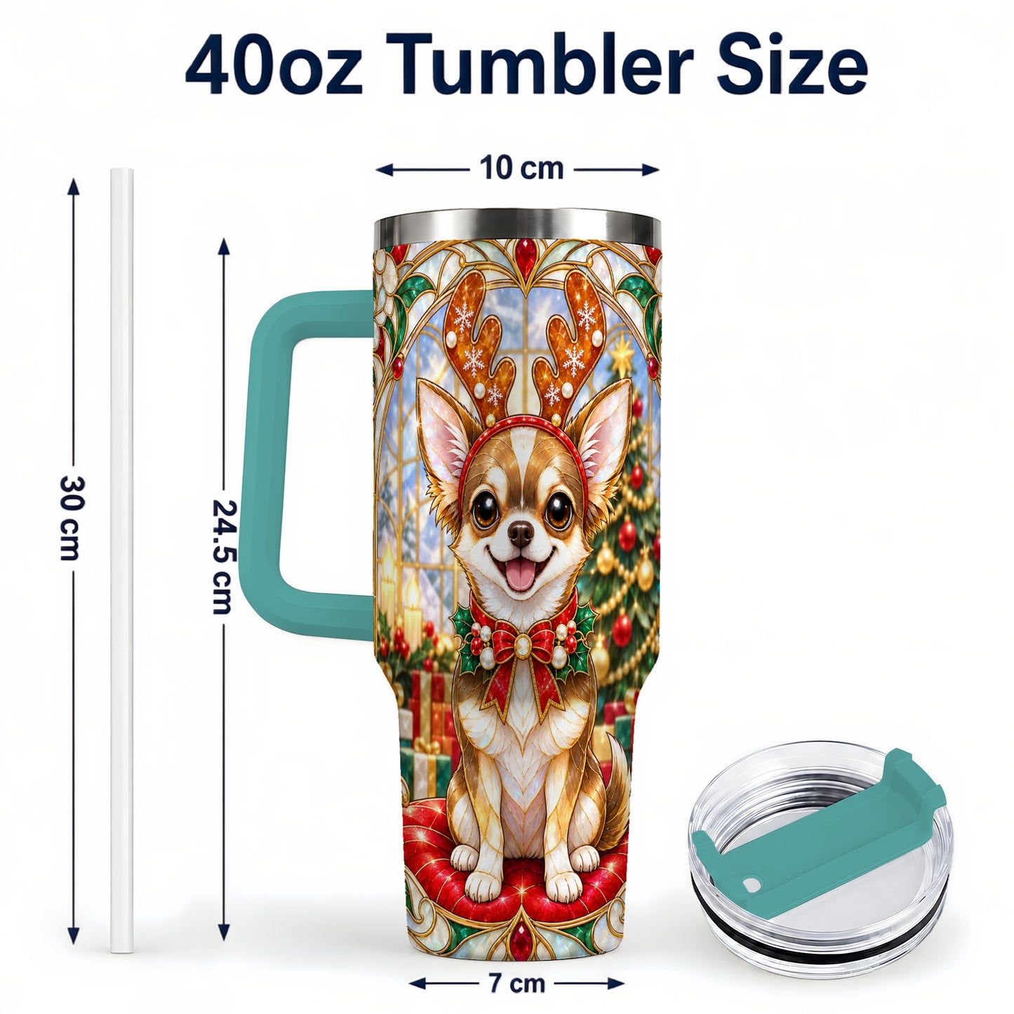 #pl[40oz|Green] Christmas Chihuahua 40oz Tumbler with Handle, Reindeer Dog Travel Cup