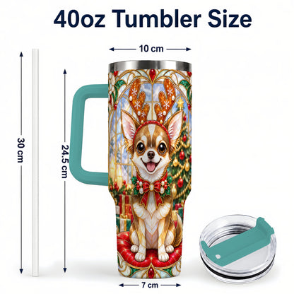 #pl[40oz|Green] Christmas Chihuahua 40oz Tumbler with Handle, Reindeer Dog Travel Cup