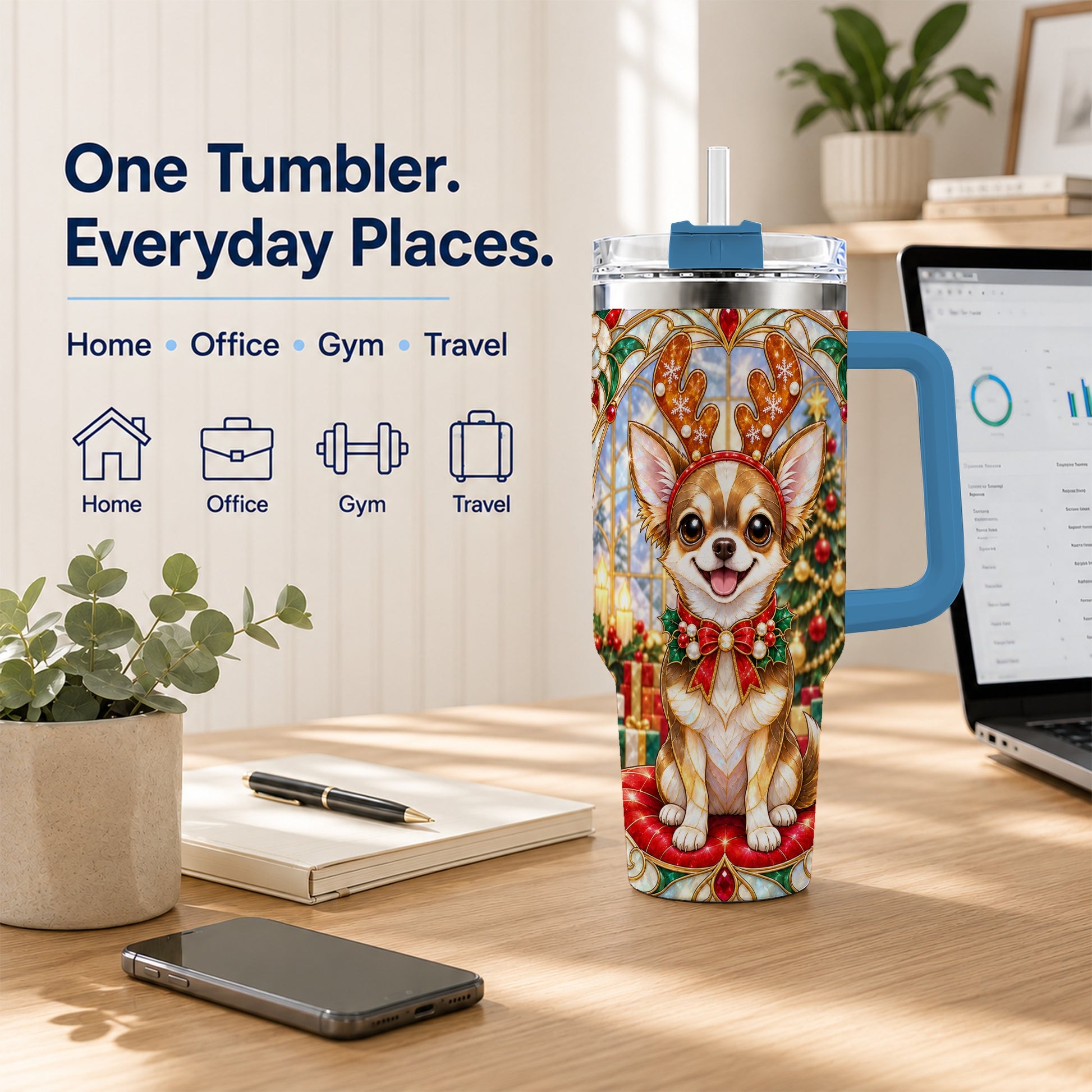 #pl[40oz|Blue] Christmas Chihuahua 40oz Tumbler with Handle, Reindeer Dog Travel Cup