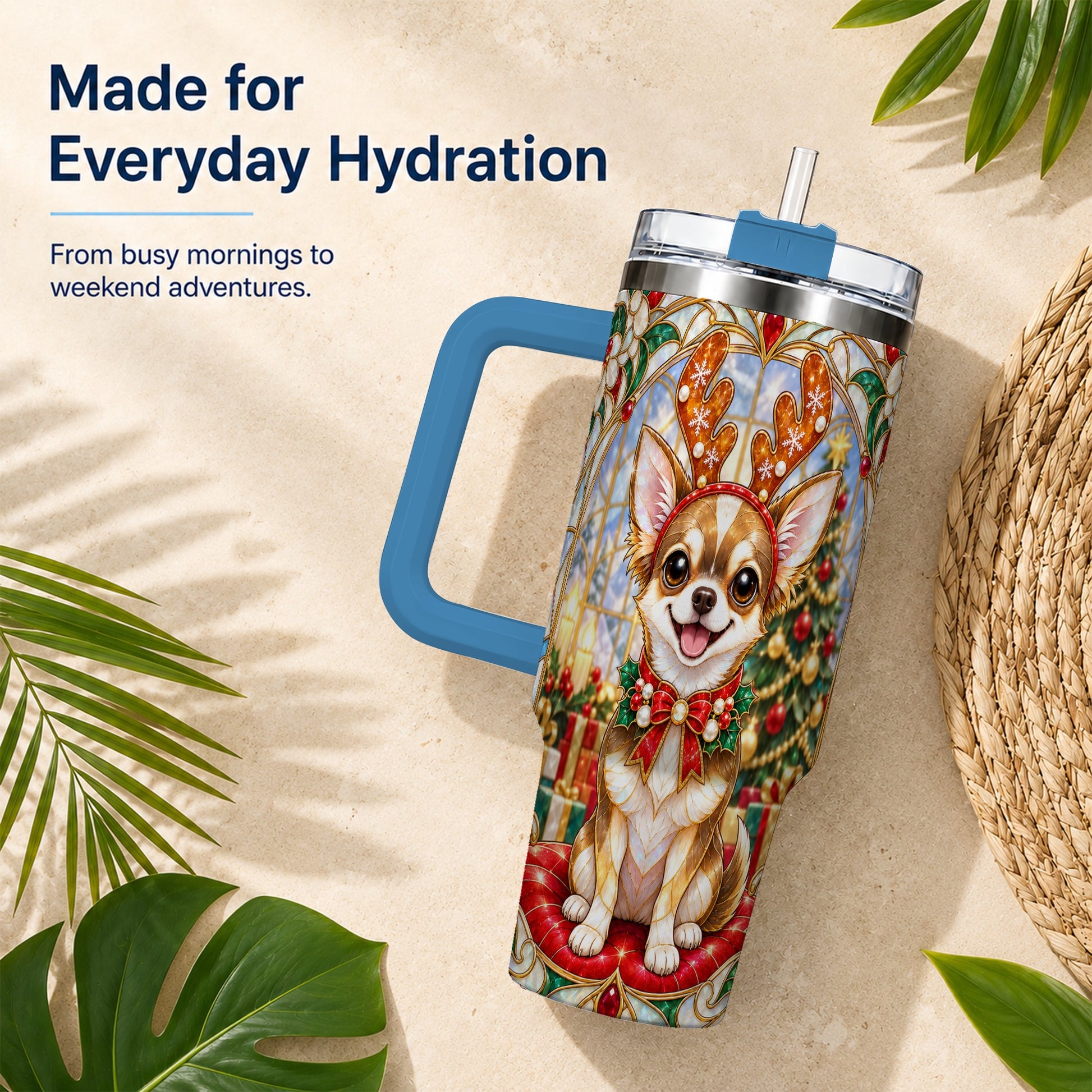 #pl[40oz|Blue] Christmas Chihuahua 40oz Tumbler with Handle, Reindeer Dog Travel Cup