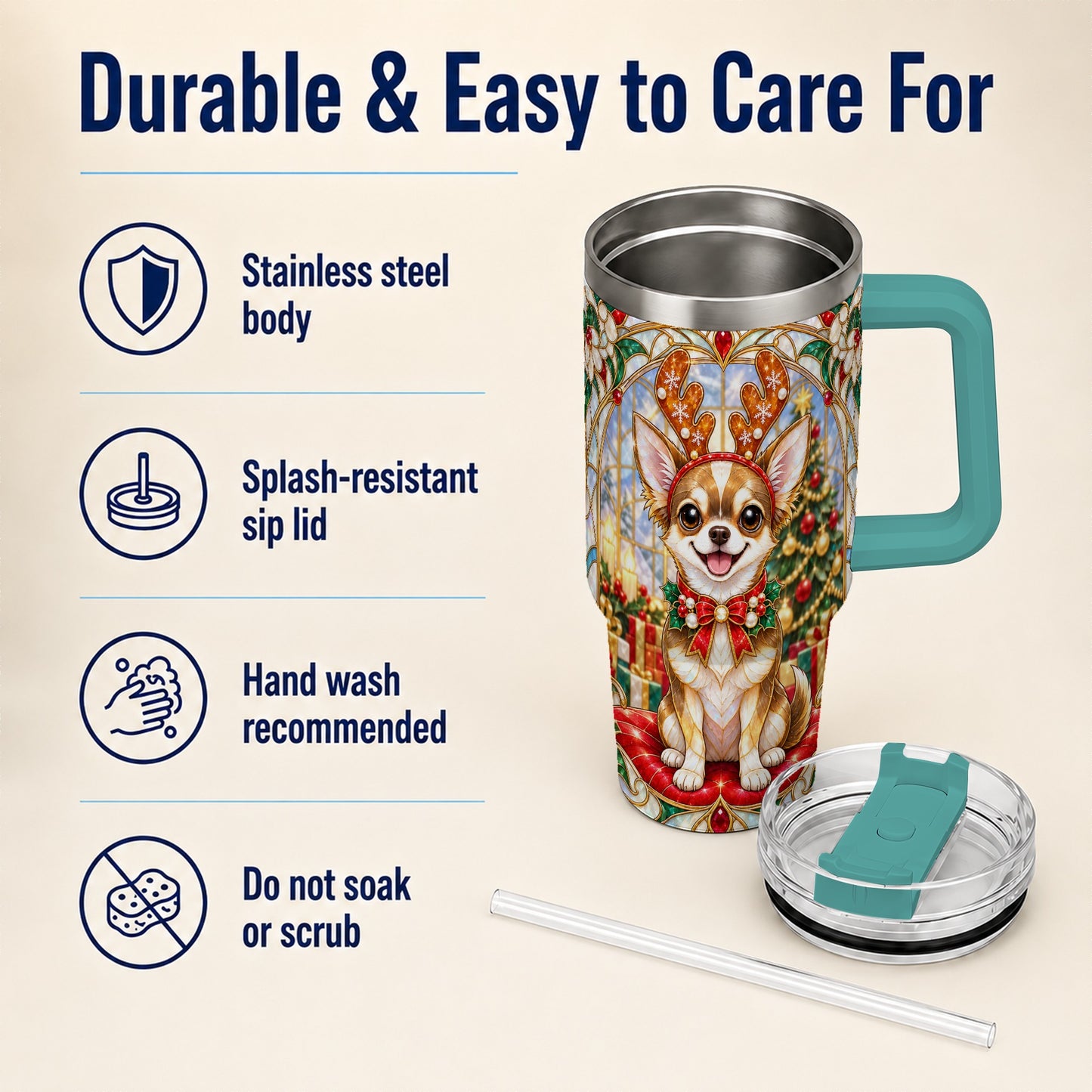 #pl[40oz|Green] Christmas Chihuahua 40oz Tumbler with Handle, Reindeer Dog Travel Cup