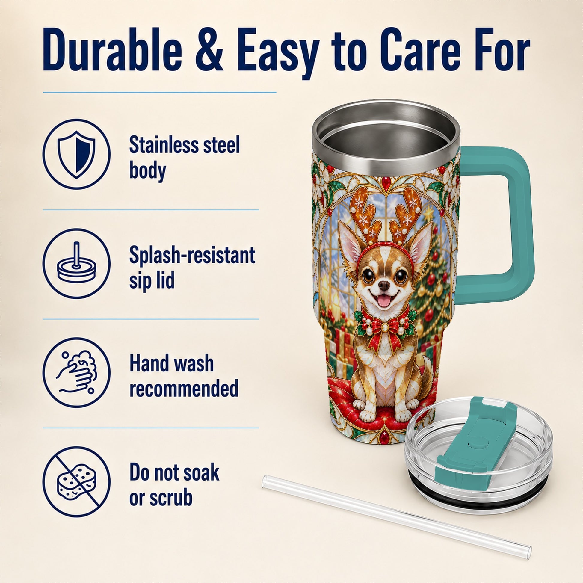 #pl[40oz|Green] Christmas Chihuahua 40oz Tumbler with Handle, Reindeer Dog Travel Cup