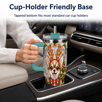 #pl[40oz|Green] Christmas Chihuahua 40oz Tumbler with Handle, Reindeer Dog Travel Cup
