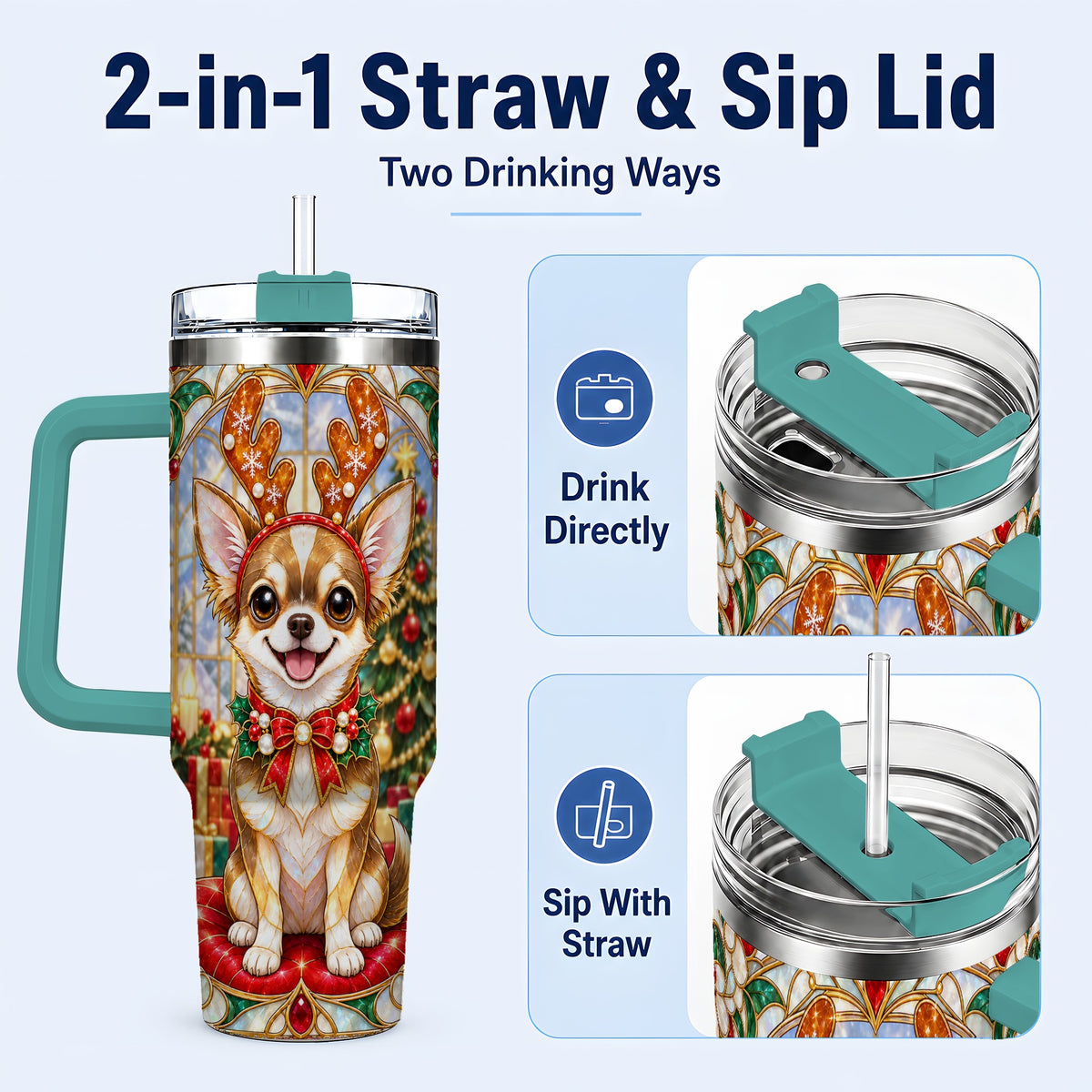 #pl[40oz|Green] Christmas Chihuahua 40oz Tumbler with Handle, Reindeer Dog Travel Cup