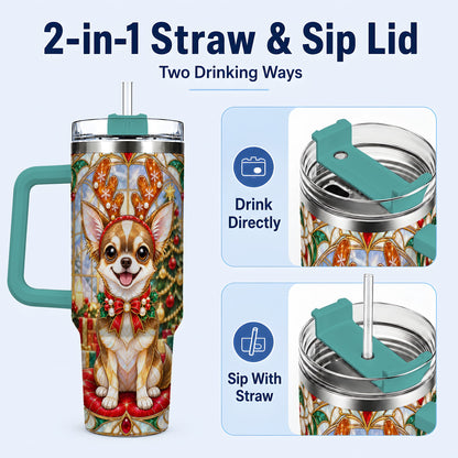 #pl[40oz|Green] Christmas Chihuahua 40oz Tumbler with Handle, Reindeer Dog Travel Cup