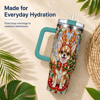 #pl[40oz|Green] Christmas Chihuahua 40oz Tumbler with Handle, Reindeer Dog Travel Cup