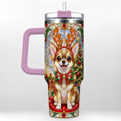 #pl[40oz|Pink] Christmas Chihuahua 40oz Tumbler with Handle, Reindeer Dog Travel Cup