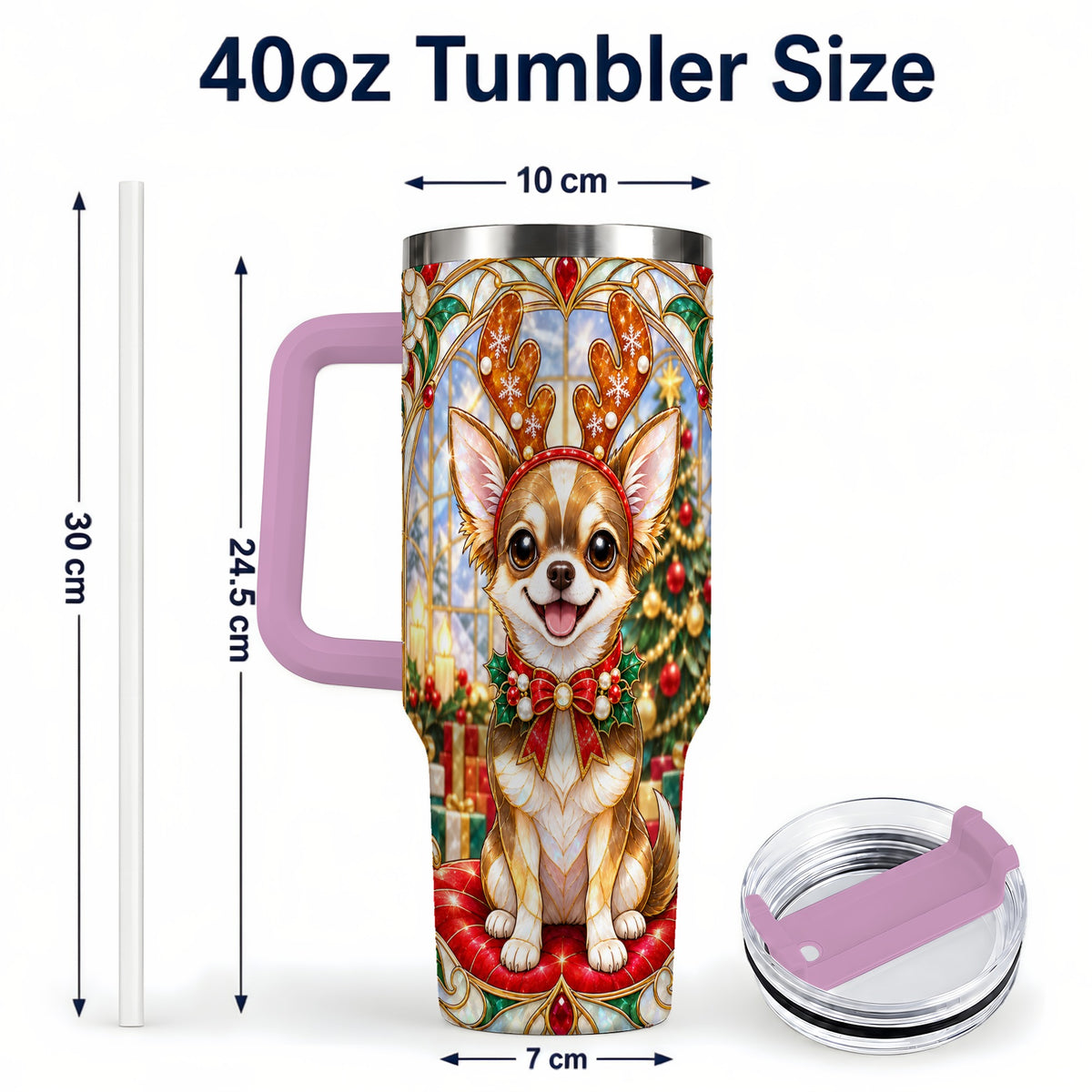 #pl[40oz|Pink] Christmas Chihuahua 40oz Tumbler with Handle, Reindeer Dog Travel Cup