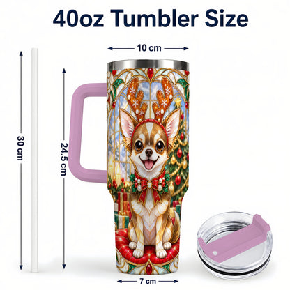 #pl[40oz|Pink] Christmas Chihuahua 40oz Tumbler with Handle, Reindeer Dog Travel Cup