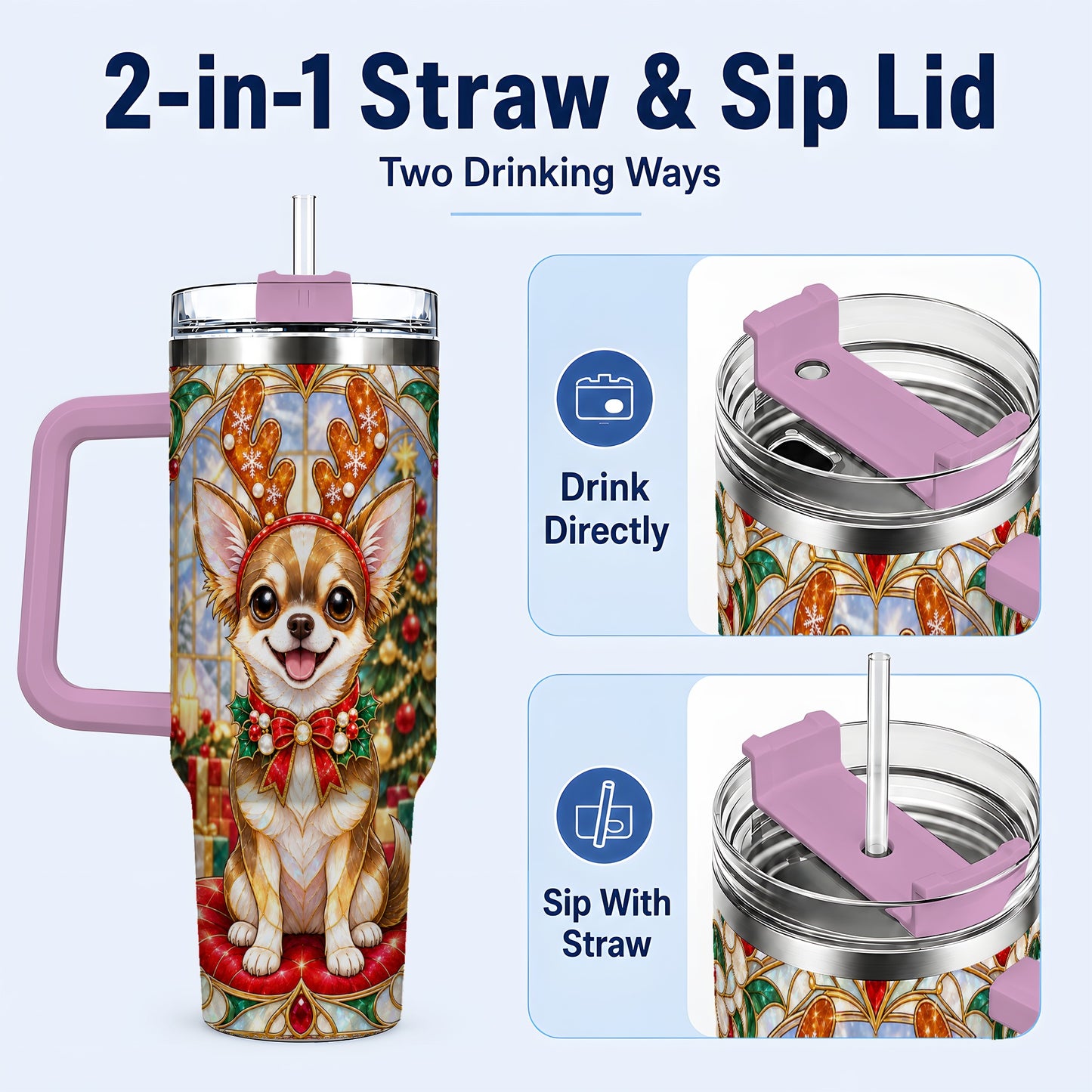 #pl[40oz|Pink] Christmas Chihuahua 40oz Tumbler with Handle, Reindeer Dog Travel Cup