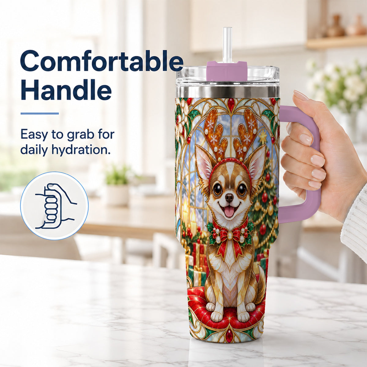 #pl[40oz|Pink] Christmas Chihuahua 40oz Tumbler with Handle, Reindeer Dog Travel Cup