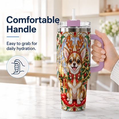 #pl[40oz|Pink] Christmas Chihuahua 40oz Tumbler with Handle, Reindeer Dog Travel Cup