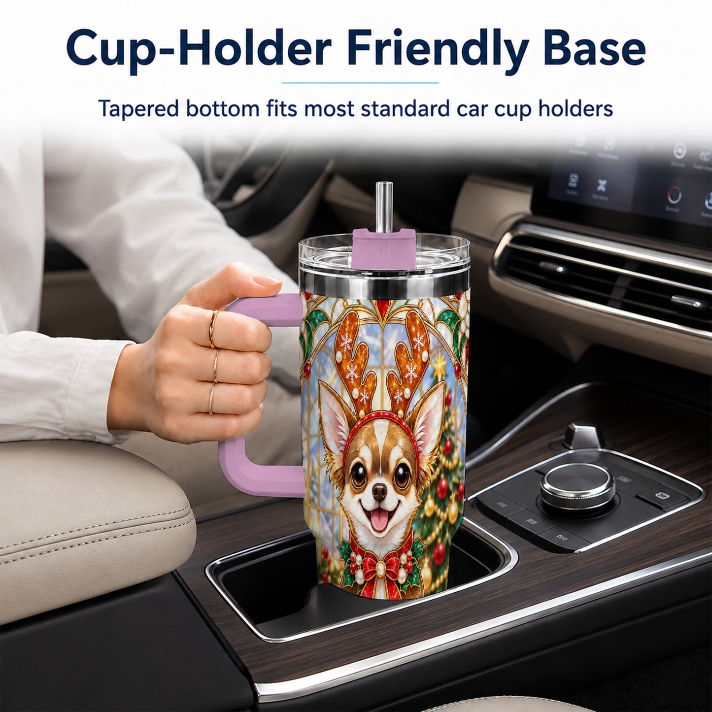 #pl[40oz|Pink] Christmas Chihuahua 40oz Tumbler with Handle, Reindeer Dog Travel Cup