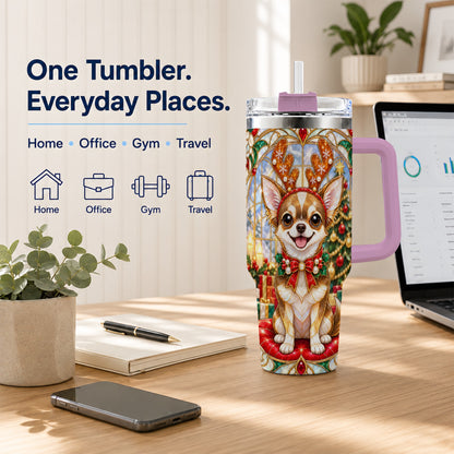 #pl[40oz|Pink] Christmas Chihuahua 40oz Tumbler with Handle, Reindeer Dog Travel Cup