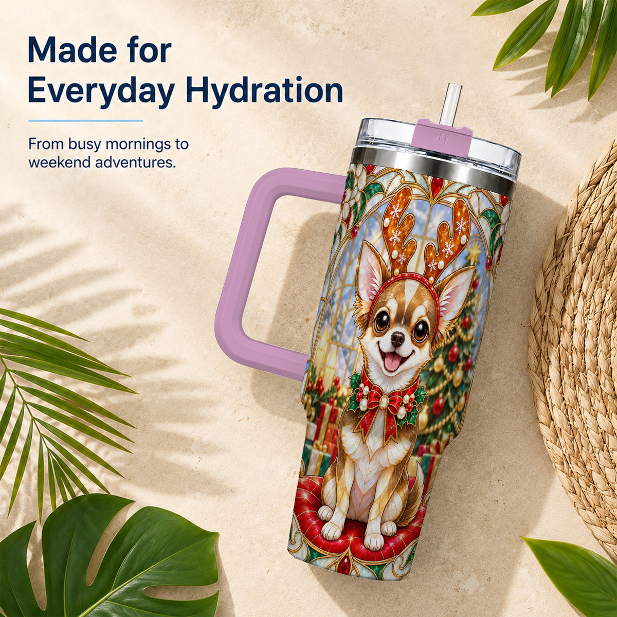 #pl[40oz|Pink] Christmas Chihuahua 40oz Tumbler with Handle, Reindeer Dog Travel Cup