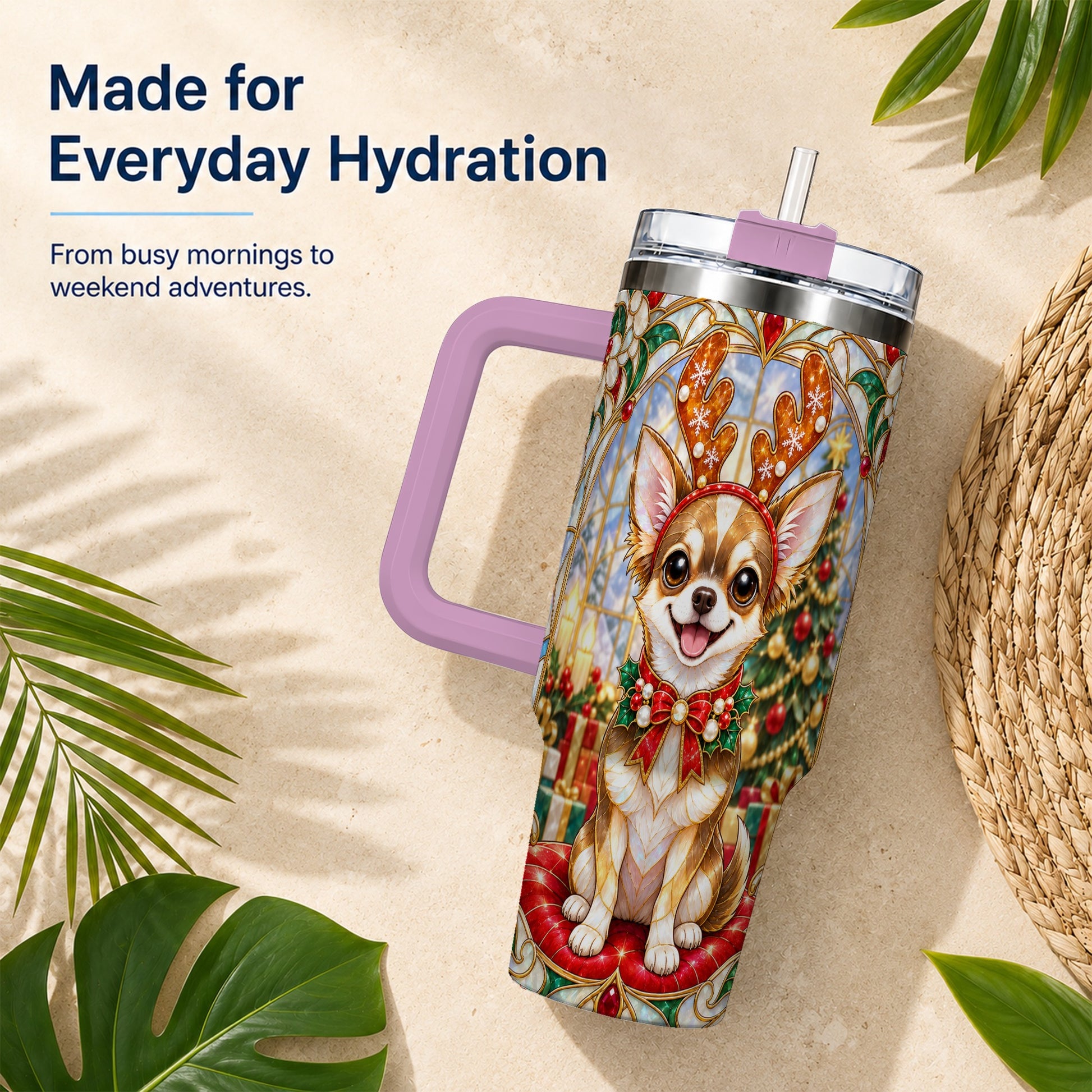 #pl[40oz|Pink] Christmas Chihuahua 40oz Tumbler with Handle, Reindeer Dog Travel Cup
