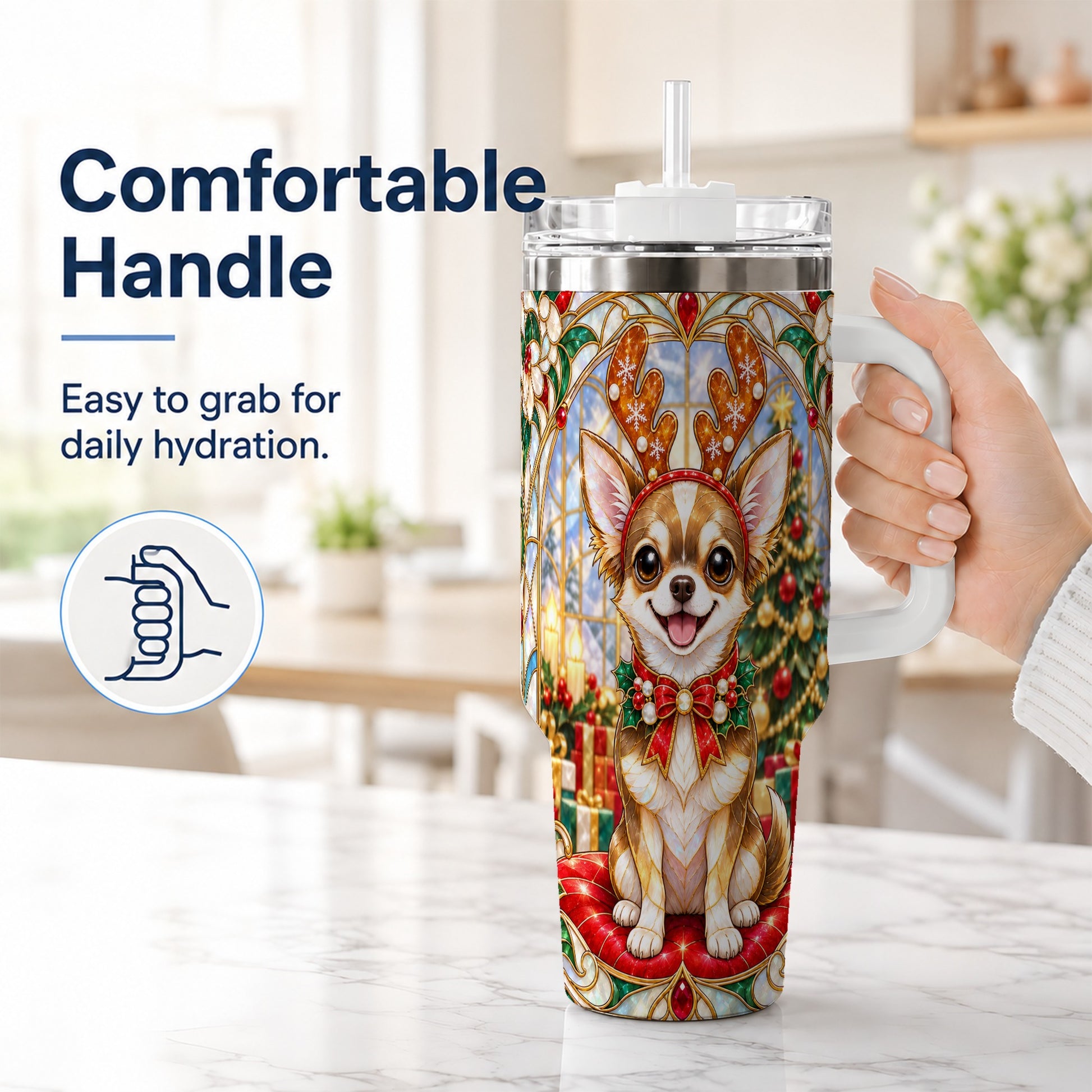 #pl[40oz|White] Christmas Chihuahua 40oz Tumbler with Handle, Reindeer Dog Travel Cup