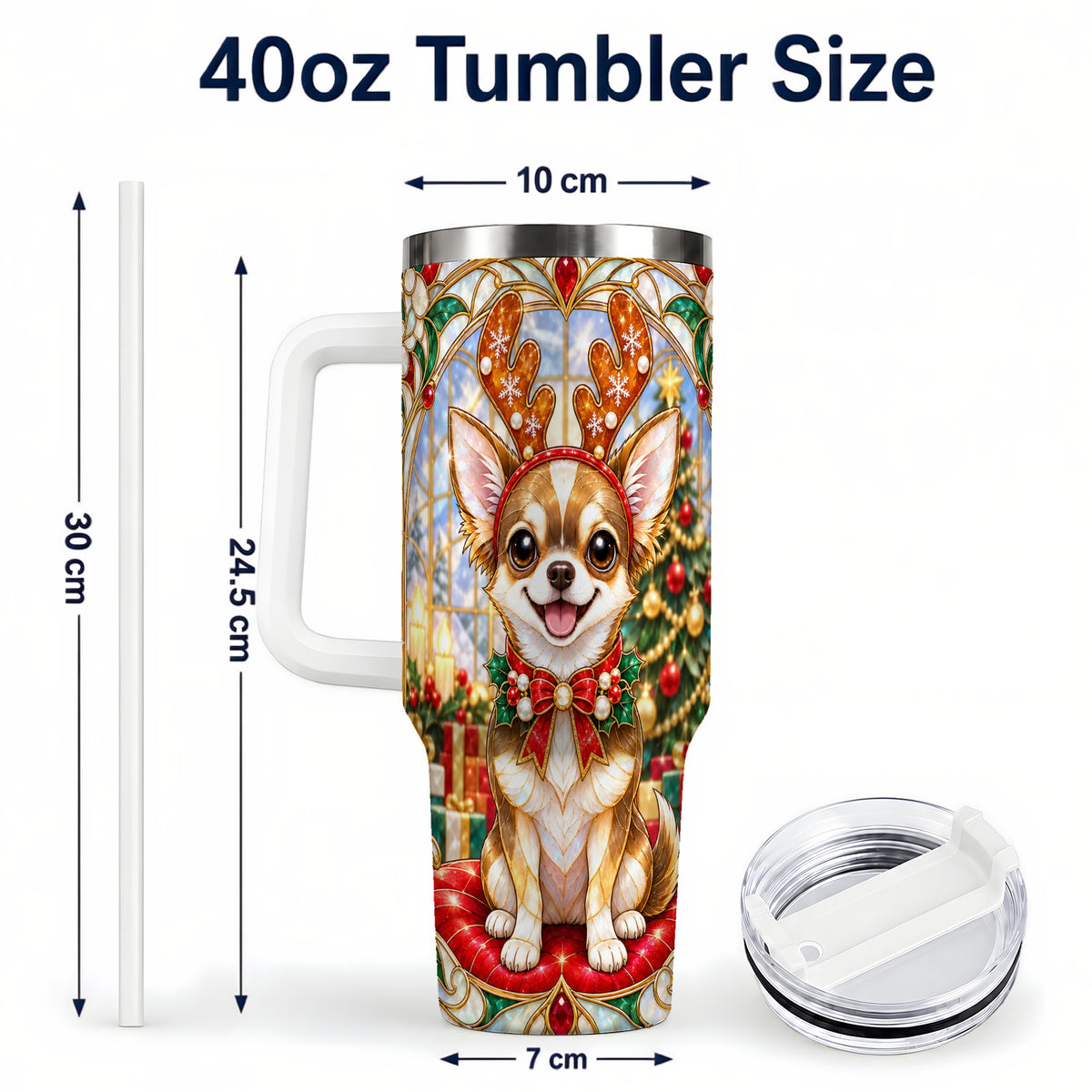 #pl[40oz|White] Christmas Chihuahua 40oz Tumbler with Handle, Reindeer Dog Travel Cup