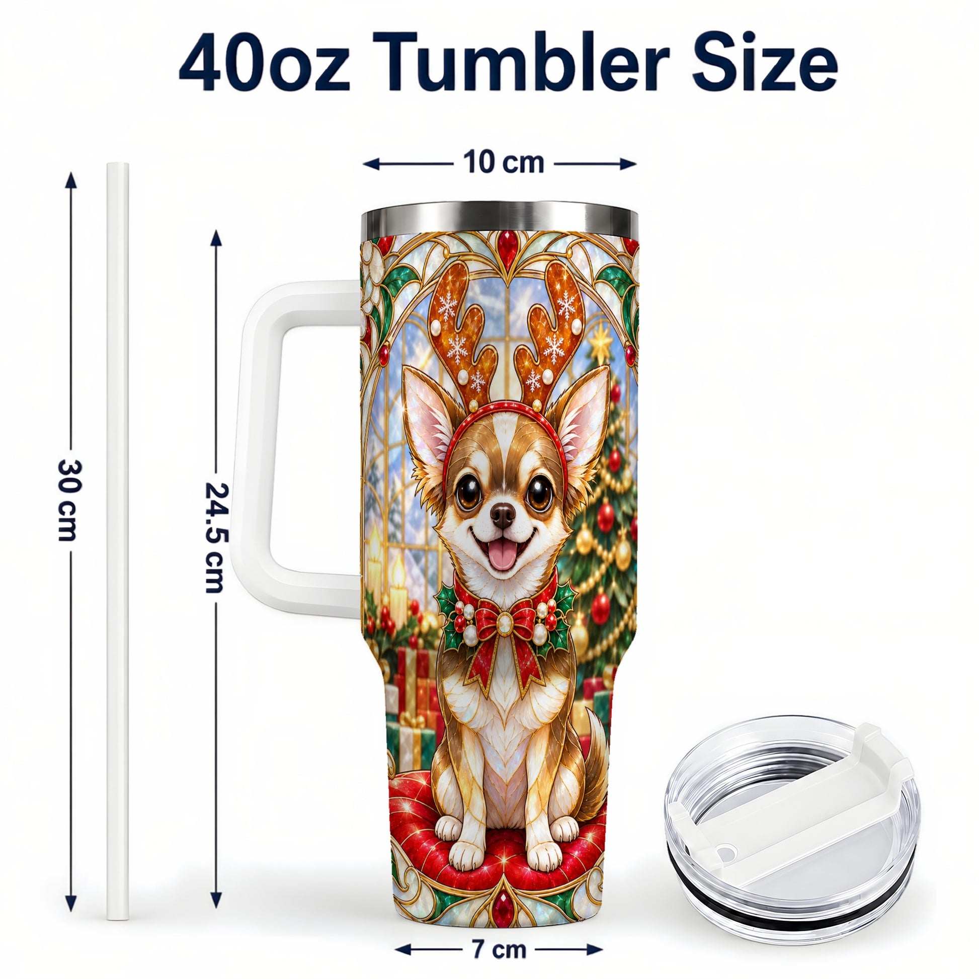 #pl[40oz|White] Christmas Chihuahua 40oz Tumbler with Handle, Reindeer Dog Travel Cup