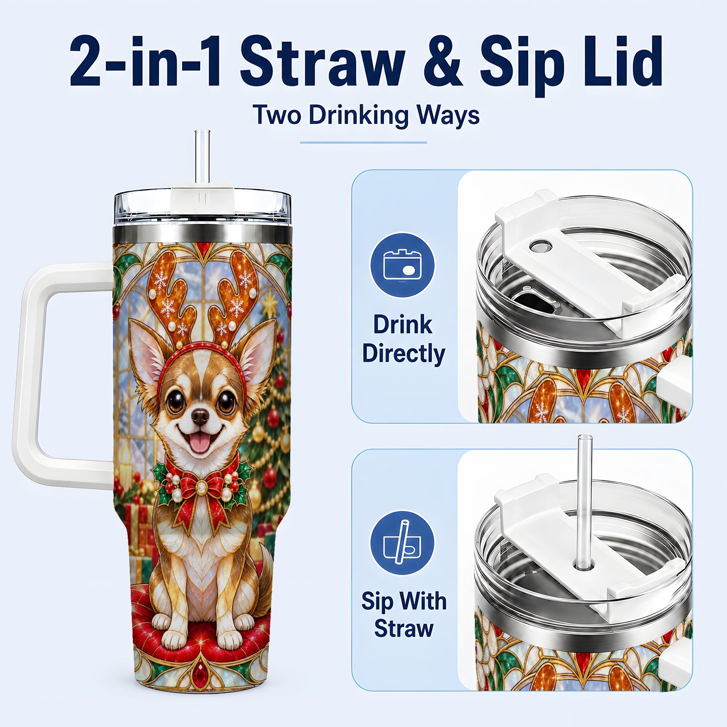#pl[40oz|White] Christmas Chihuahua 40oz Tumbler with Handle, Reindeer Dog Travel Cup