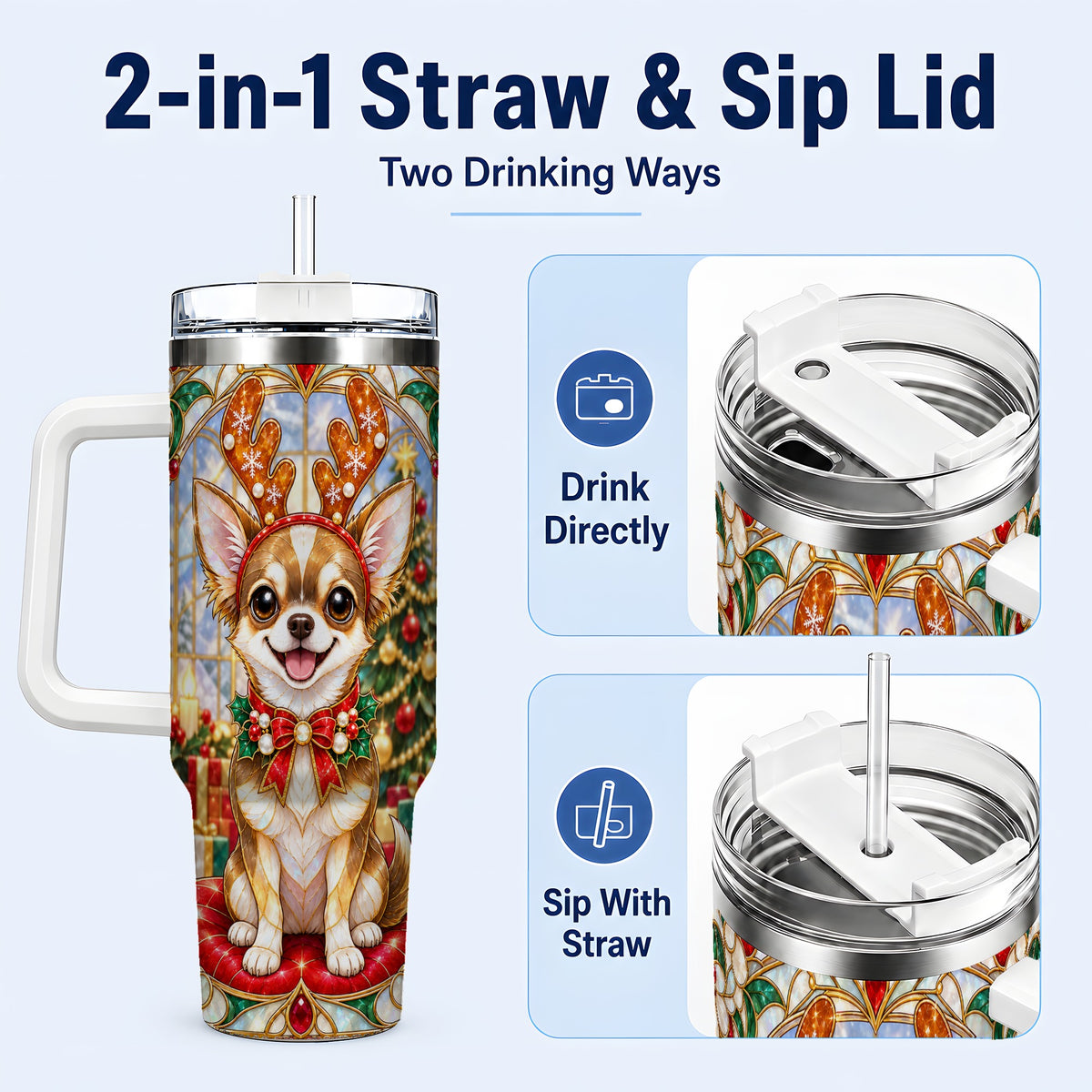#pl[40oz|White] Christmas Chihuahua 40oz Tumbler with Handle, Reindeer Dog Travel Cup