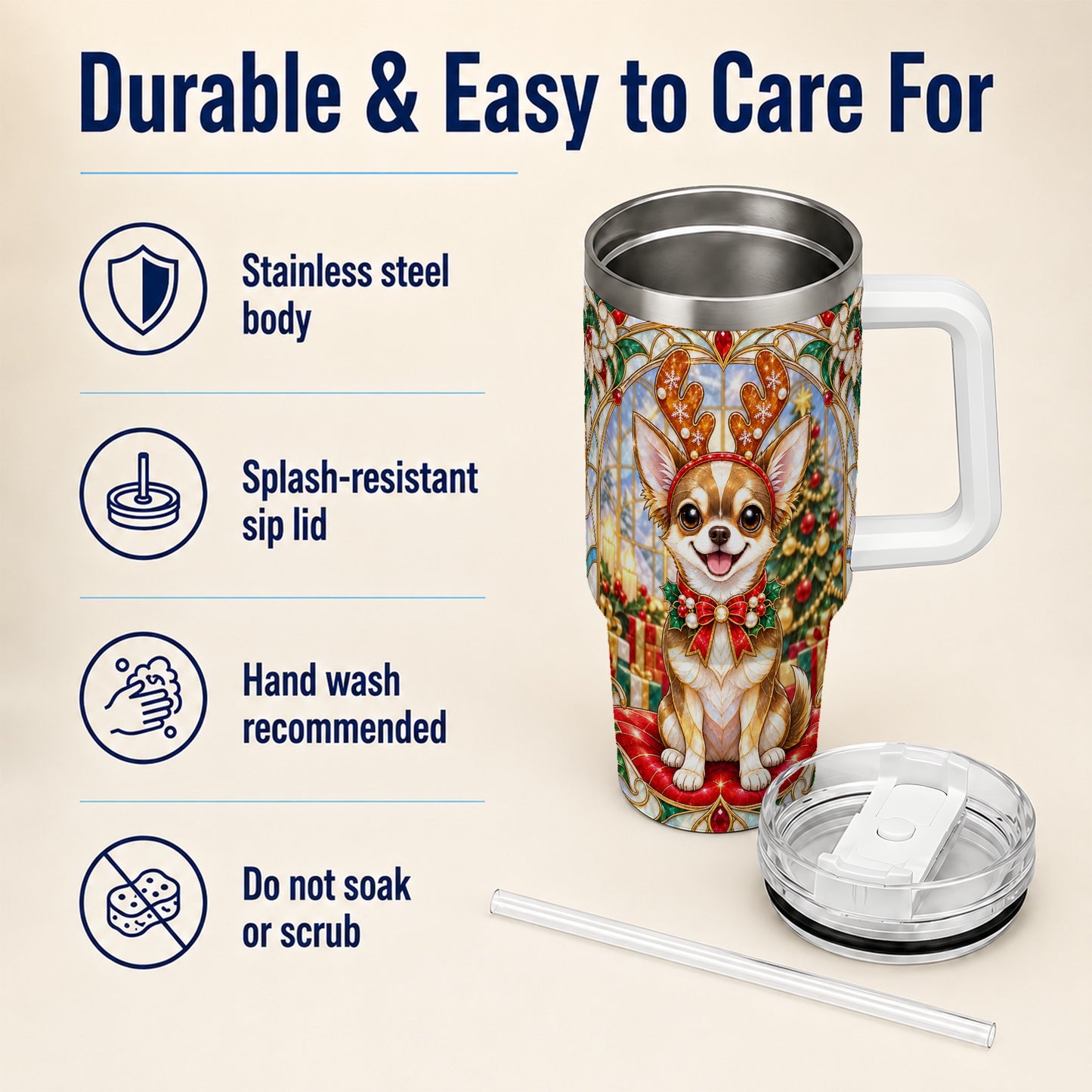 #pl[40oz|White] Christmas Chihuahua 40oz Tumbler with Handle, Reindeer Dog Travel Cup