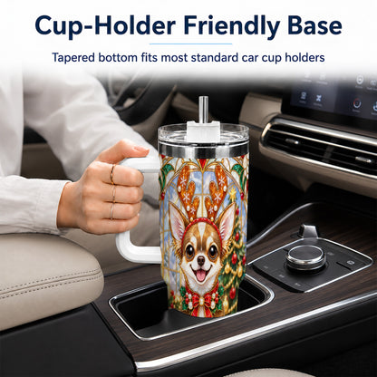 #pl[40oz|White] Christmas Chihuahua 40oz Tumbler with Handle, Reindeer Dog Travel Cup