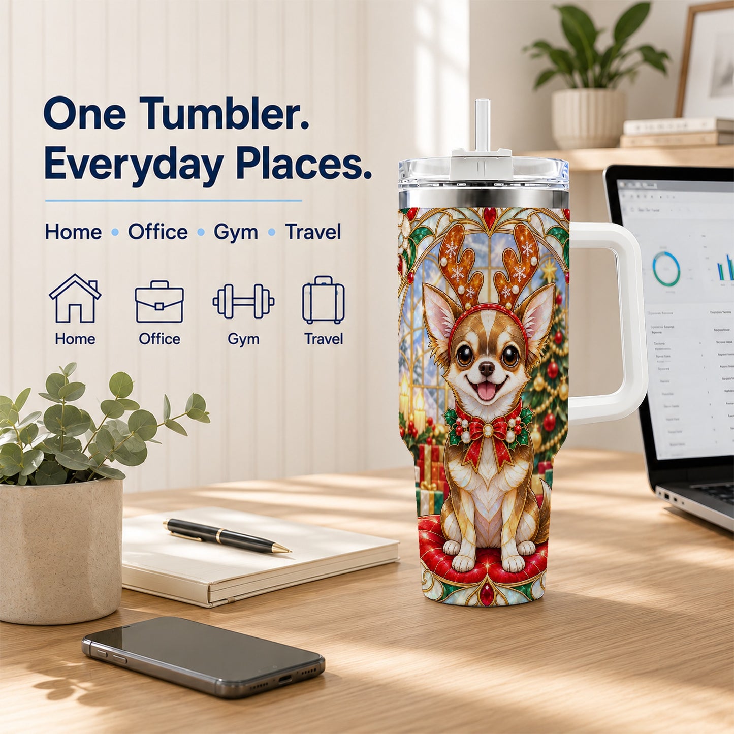 #pl[40oz|White] Christmas Chihuahua 40oz Tumbler with Handle, Reindeer Dog Travel Cup