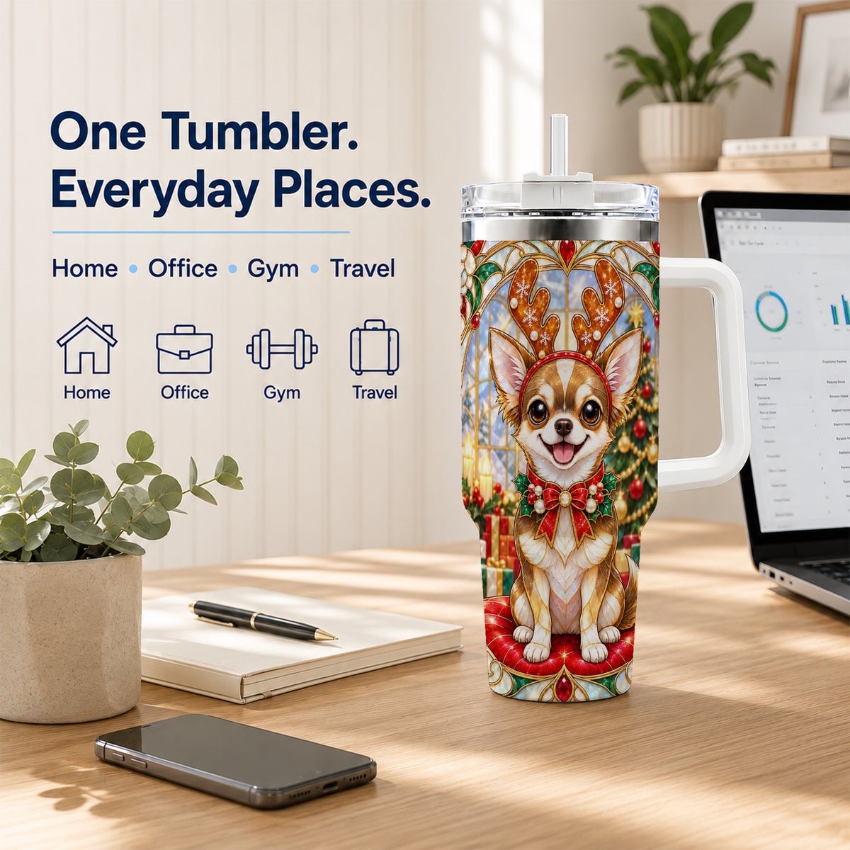 #pl[40oz|White] Christmas Chihuahua 40oz Tumbler with Handle, Reindeer Dog Travel Cup