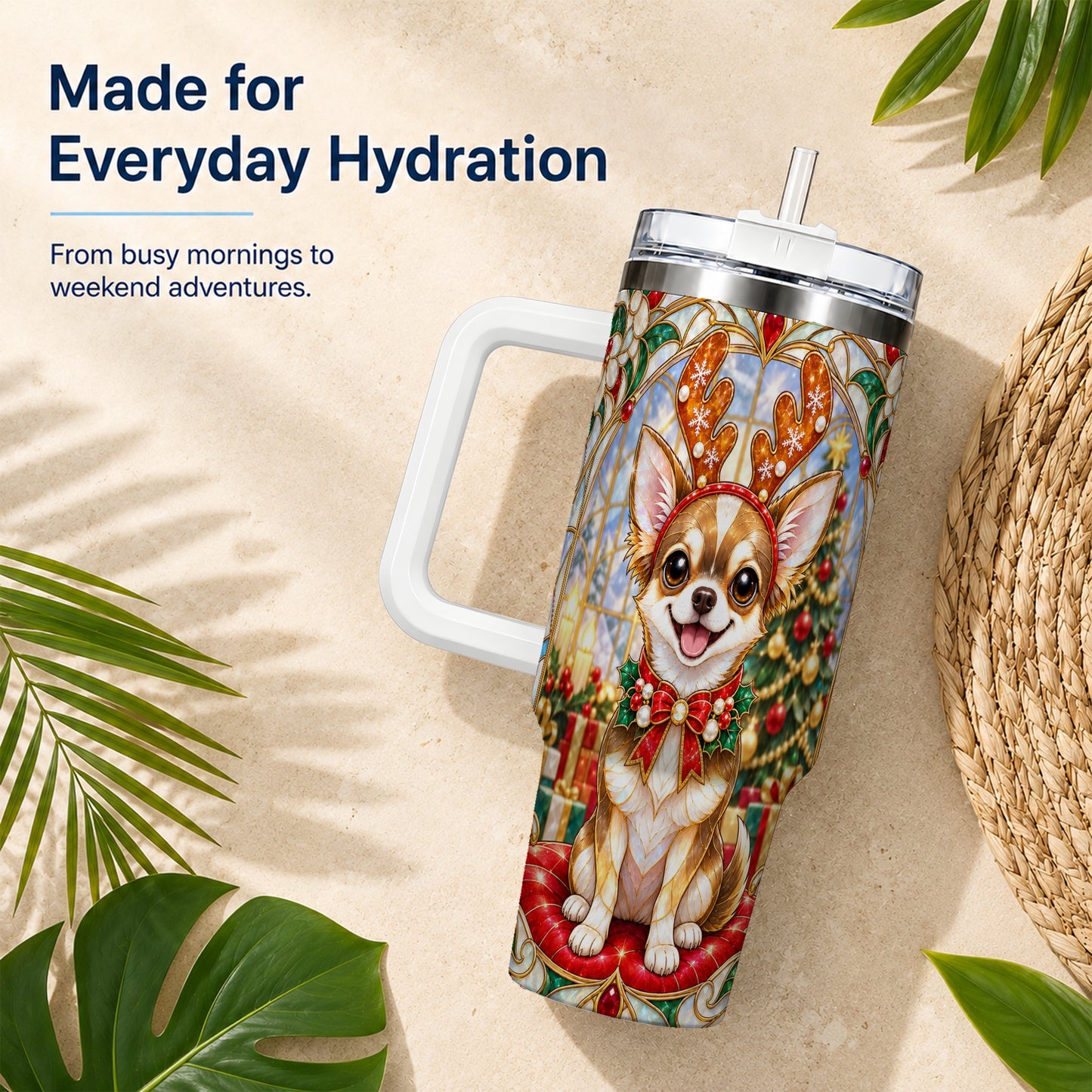 #pl[40oz|White] Christmas Chihuahua 40oz Tumbler with Handle, Reindeer Dog Travel Cup