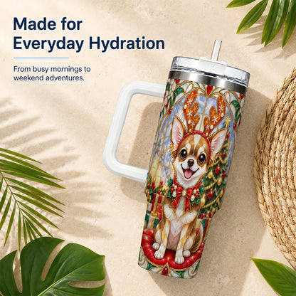 #pl[40oz|White] Christmas Chihuahua 40oz Tumbler with Handle, Reindeer Dog Travel Cup