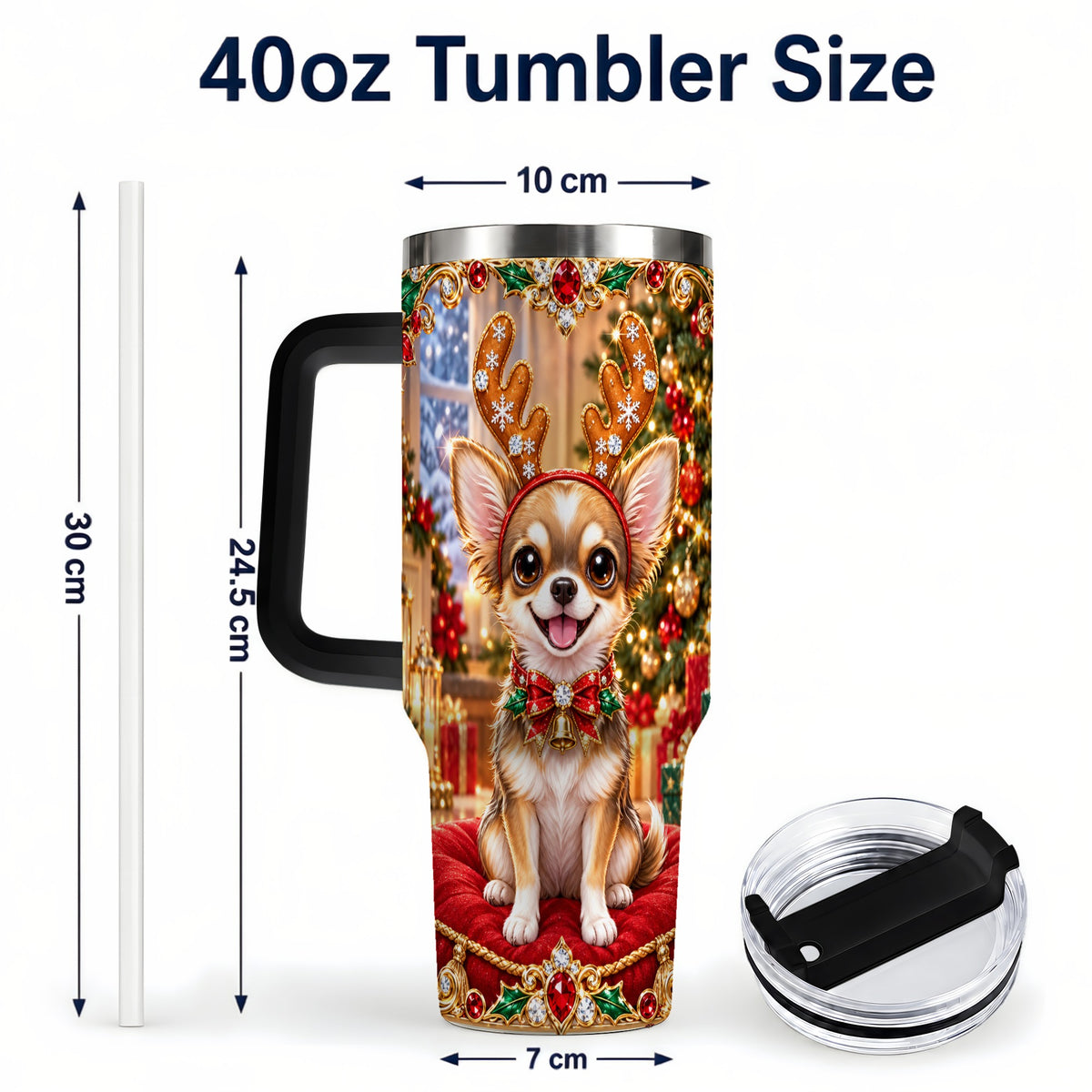 #pl[40oz|Black] Christmas Chihuahua 40oz Tumbler with Handle, Reindeer Dog Travel Cup