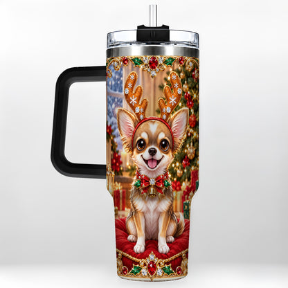 #pl[40oz|Black] Christmas Chihuahua 40oz Tumbler with Handle, Reindeer Dog Travel Cup