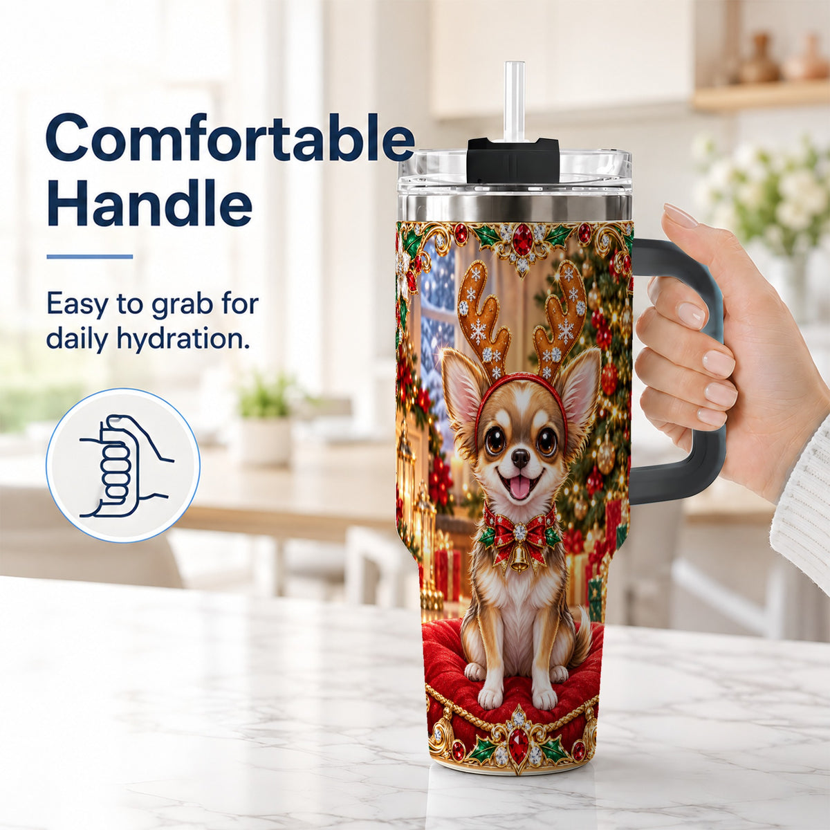 #pl[40oz|Black] Christmas Chihuahua 40oz Tumbler with Handle, Reindeer Dog Travel Cup
