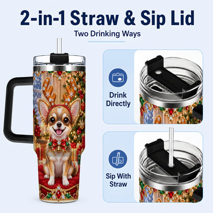 #pl[40oz|Black] Christmas Chihuahua 40oz Tumbler with Handle, Reindeer Dog Travel Cup