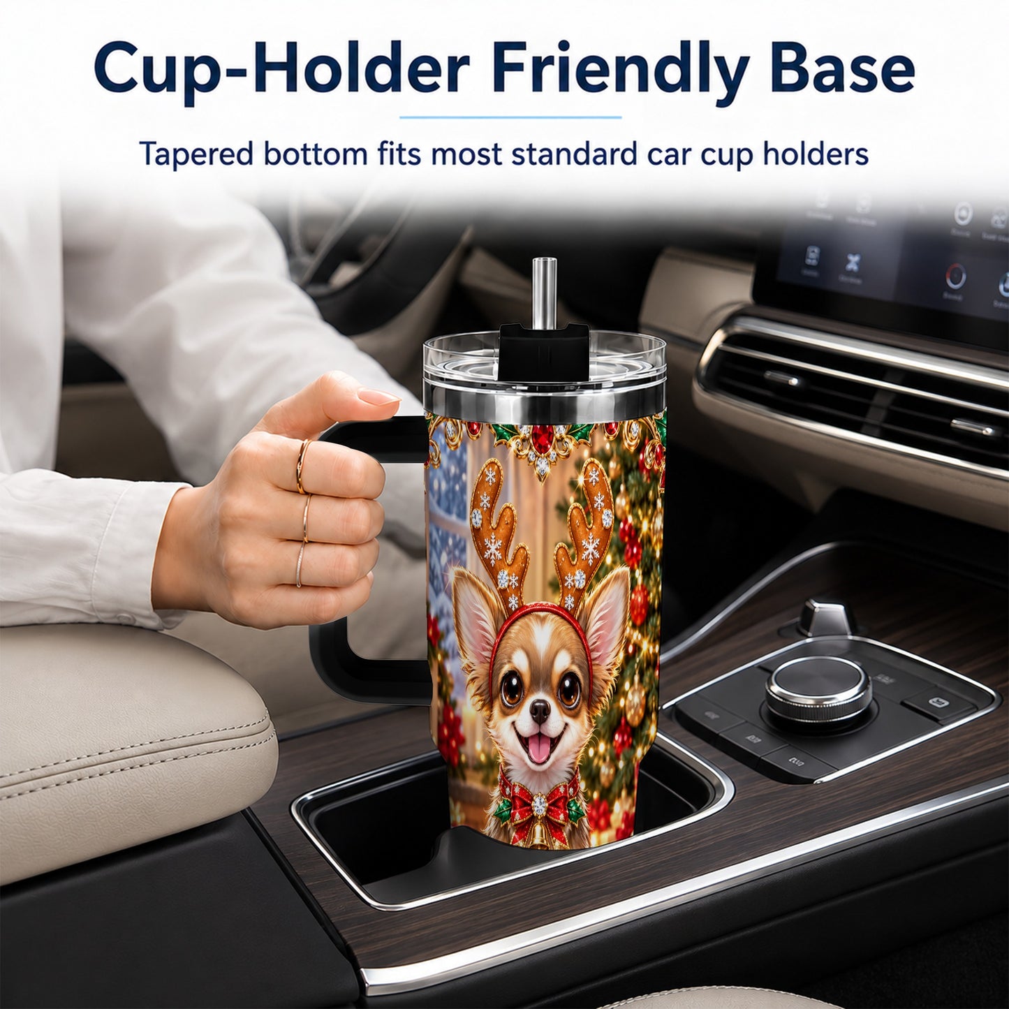 #pl[40oz|Black] Christmas Chihuahua 40oz Tumbler with Handle, Reindeer Dog Travel Cup